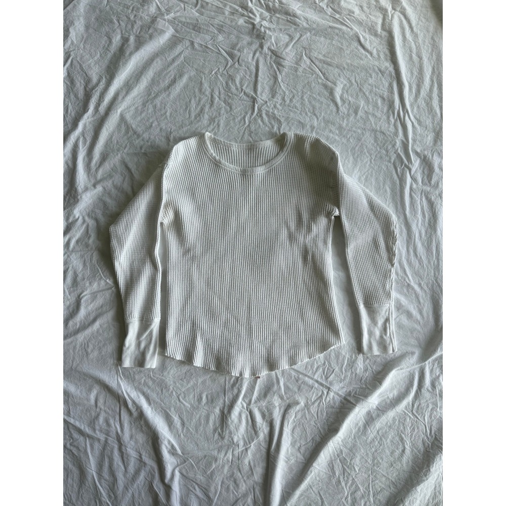 1960s Waffle Knit Thermal Long Sleeve Top White Crew Neck Curved Hem Size M